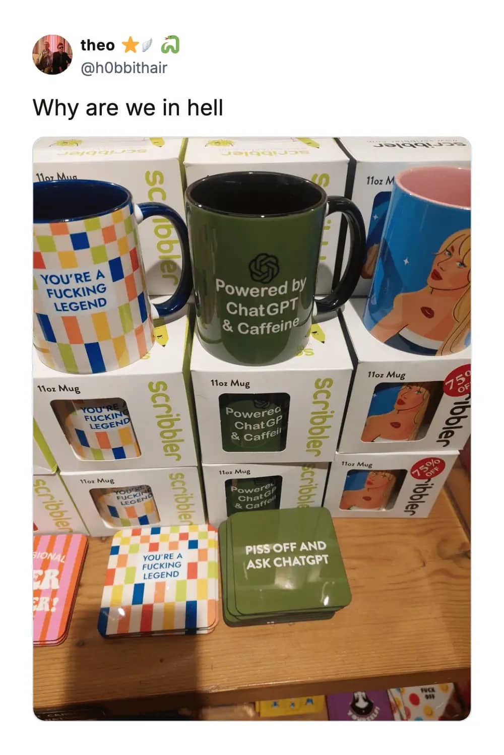 A collection of mugs and coasters with funny tech-humor phrases like "Powered by ChatGPT and Caffeine."