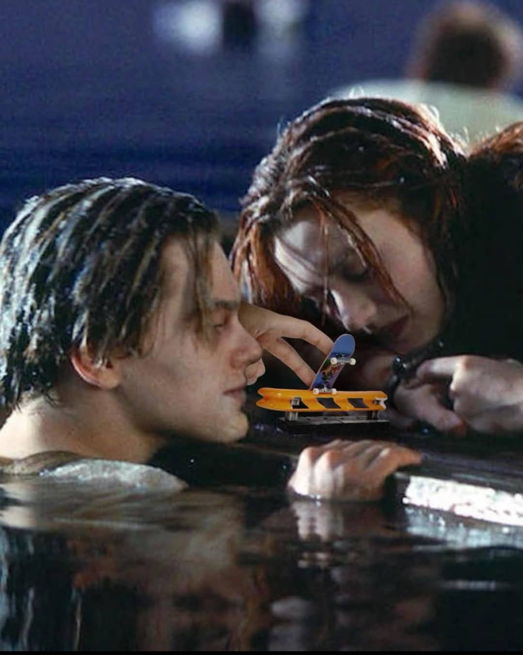 Titanic movie scene with Jack and Rose edited to show Rose playing with a finger skateboard.