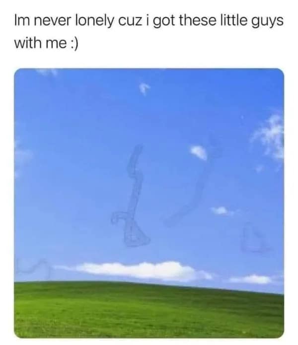 A relatable meme dump entry showing a blue sky with squiggly lines drawn on it to represent eye floaters as "little guys."