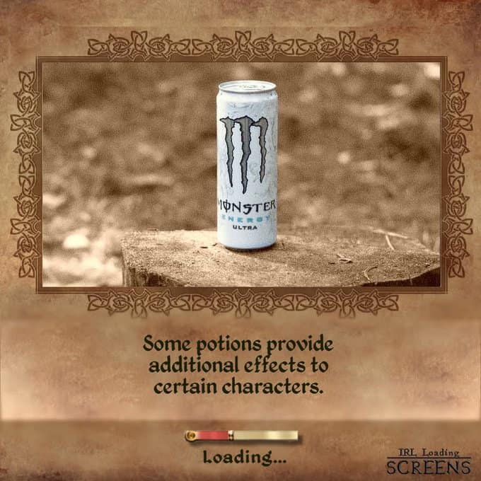 A beverage-themed IRL loading screens tip displaying a white Monster Energy can on a stump, described as a potion that provides "additional effects to certain characters."