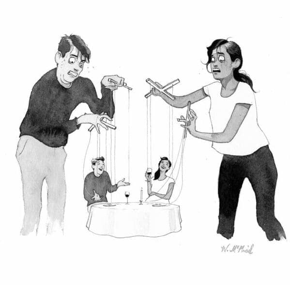 An insightful entry in Will Macphail Comics depicting a couple on a date being puppeteered by their own anxious, sweating inner selves.