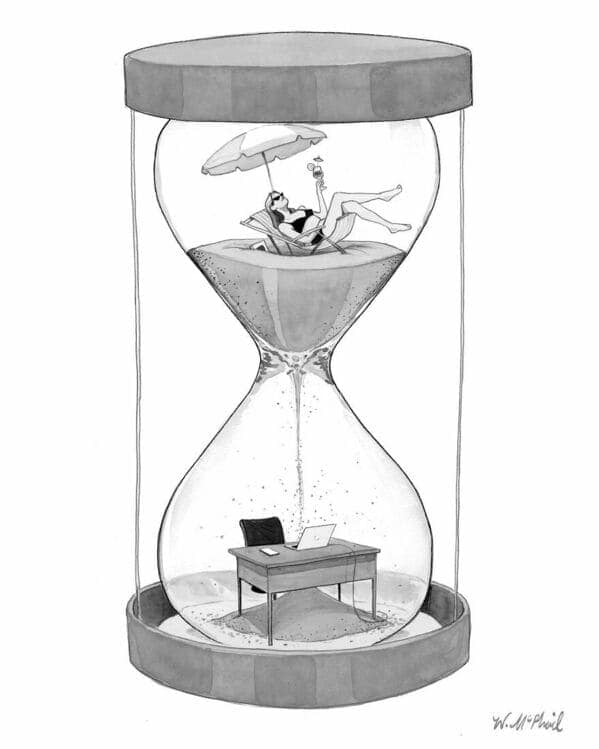 A poignant single panel comic featuring an hourglass where the top sand is a woman on vacation and the bottom is her office desk.
