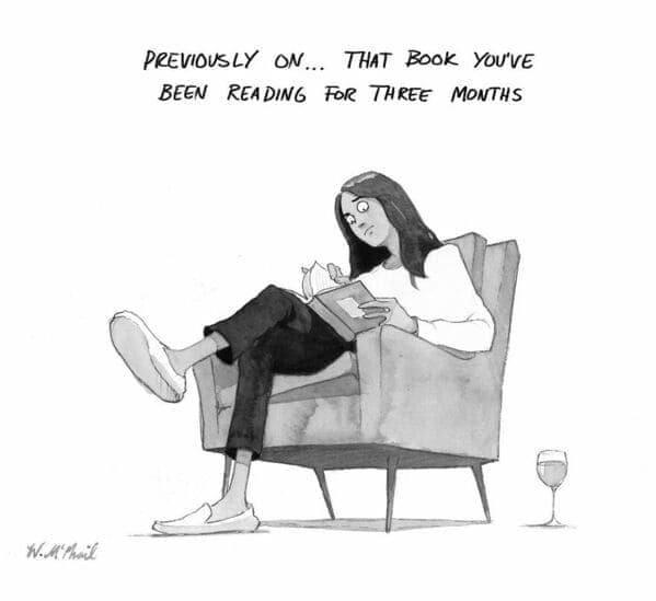 A relatable single panel comic showing a woman struggling to remember the plot of a book she's been reading for three months.