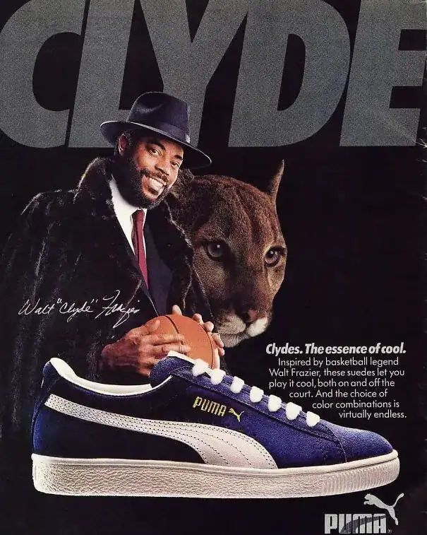 A cool vintage ad for Puma Clyde sneakers featuring Walt Frazier and a live panther.
