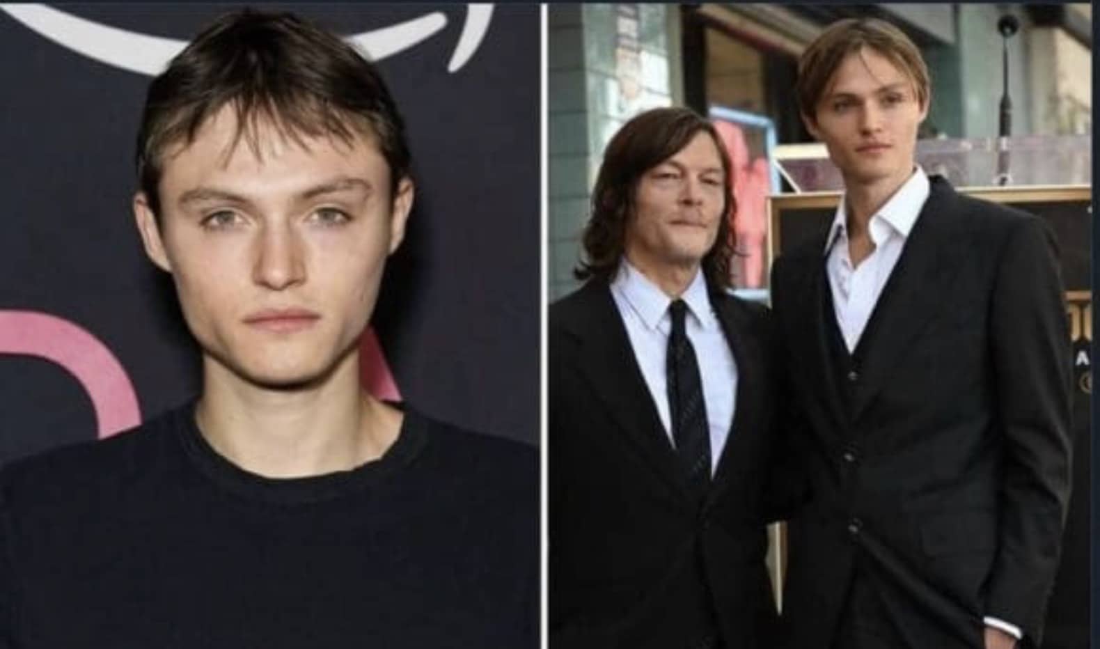 Norman Reedus and Mingus Lucien Reedus posing together at a red carpet event in formal suits.