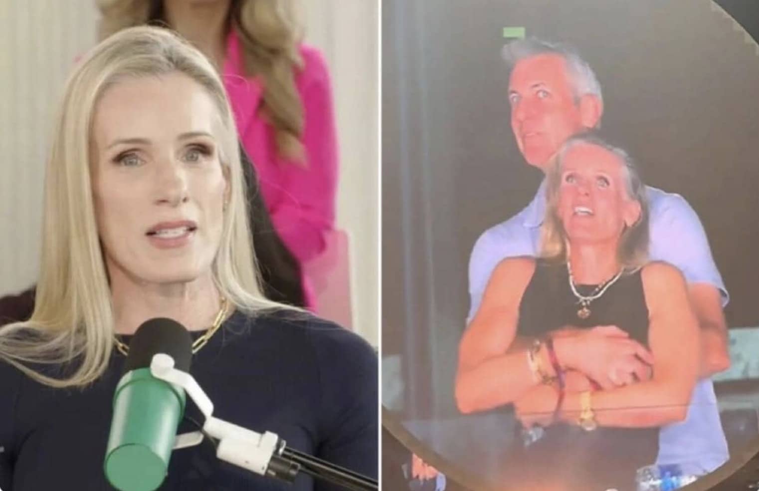 Comparison of a woman speaking into a microphone and a blurry, humorous photo of her hugging.