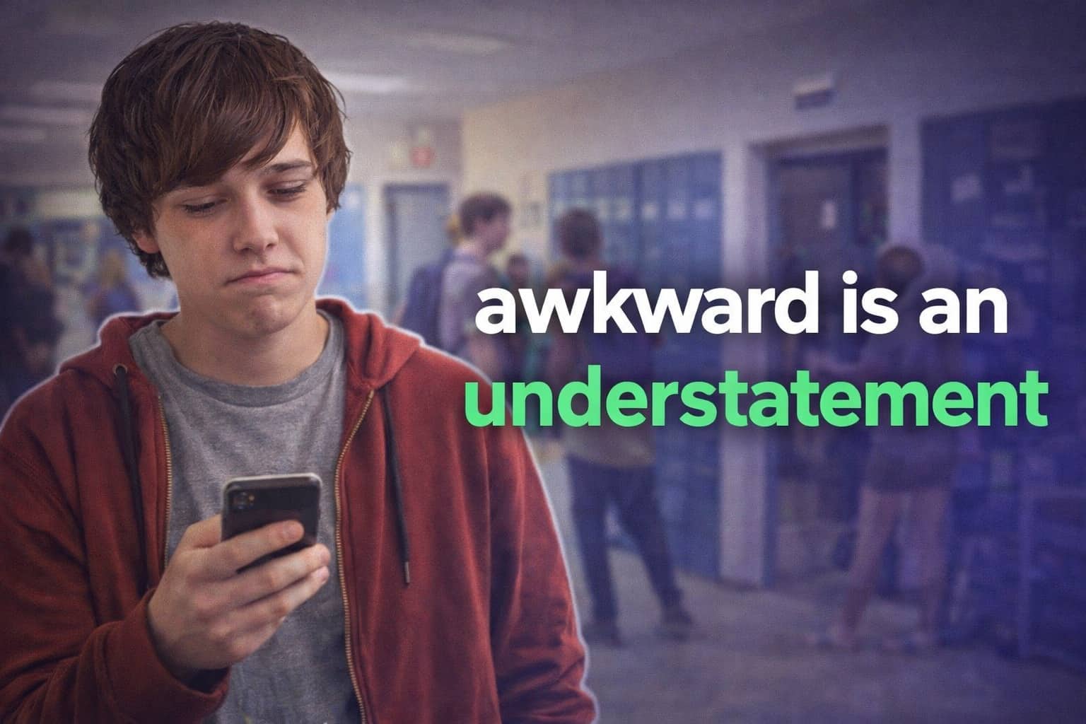 Teenager in a red hoodie looking at his phone with awkward is an understatement text overlay.