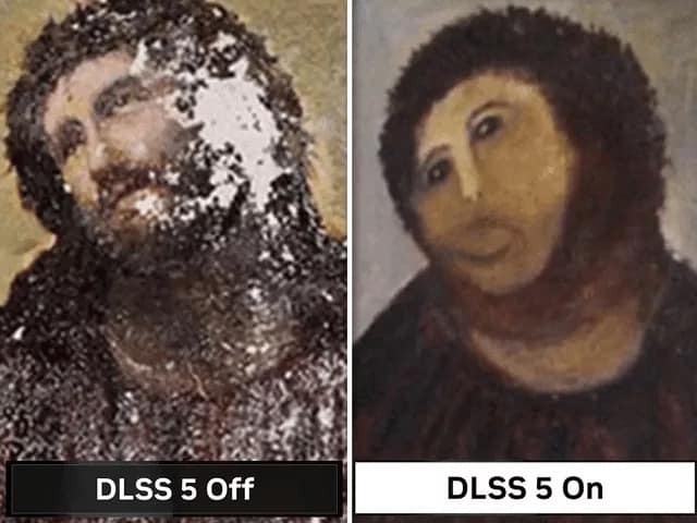 A DLSS 5 meme comparing the infamous "Ecce Homo" botched restoration. The "Off" side shows the original crumbling fresco of Jesus, while the "On" side shows the distorted, monkey-like face of the failed repair, mocking AI's potential to over-process reality into something unrecognizable.
