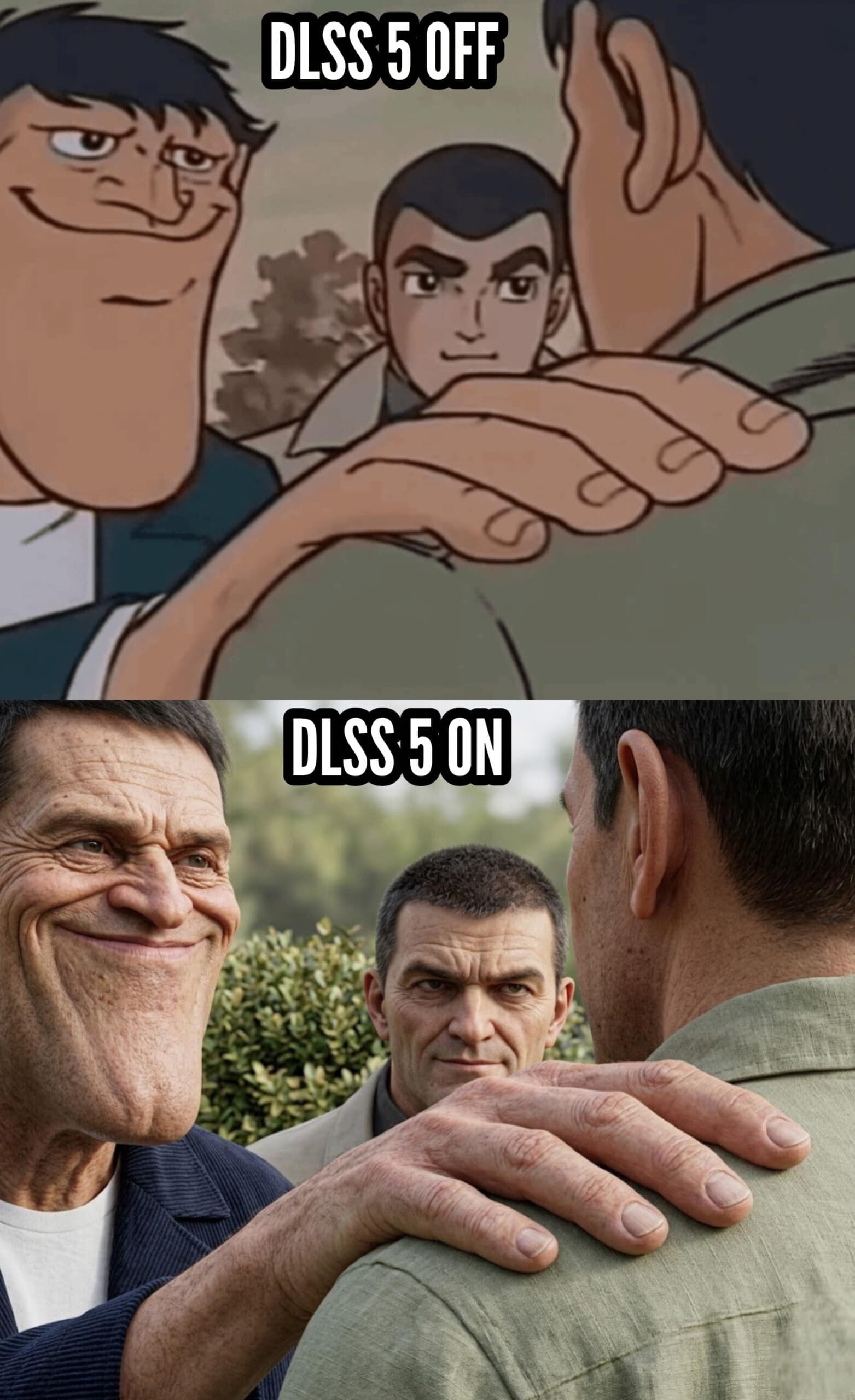 The final DLSS 5 meme in this set uses a panel from a vintage comic where a man with an exaggerated chin places a hand on a friend's shoulder. The "On" version uses AI to render the scene with photorealistic textures while maintaining the absurd, distorted proportions of the original art.