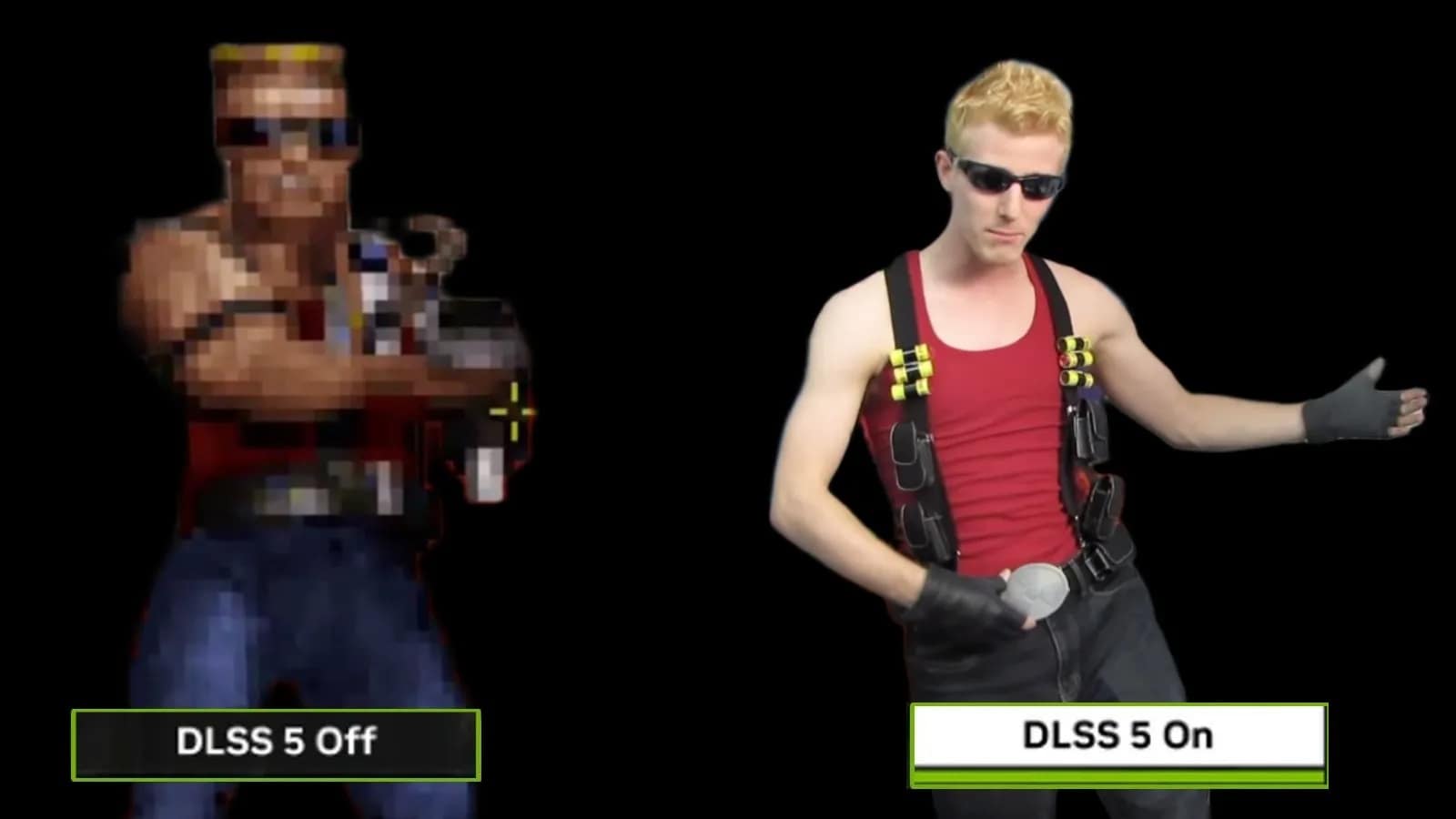 DLSS on/off comparison features Duke Nukem. The "Off" side shows the classic pixelated sprite from the 90s, while the "On" side jokingly replaces the action hero with a photo of tech influencer Linus Sebastian in full Duke Nukem cosplay.
