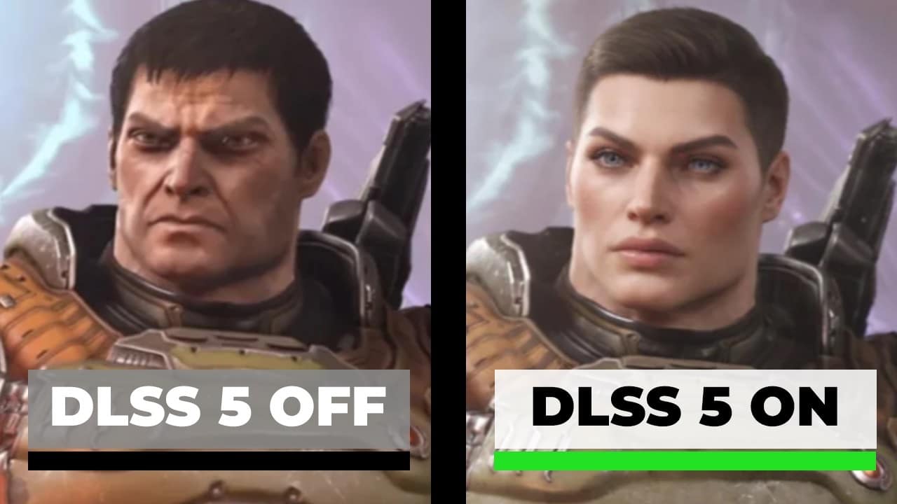 The Doom Slayer undergoes a "Yassification" in this DLSS meme. The technology "On" setting transforms the rugged, battle-scarred warrior into a high-glam version with airbrushed skin, perfect eyebrows, and piercing blue eyes.