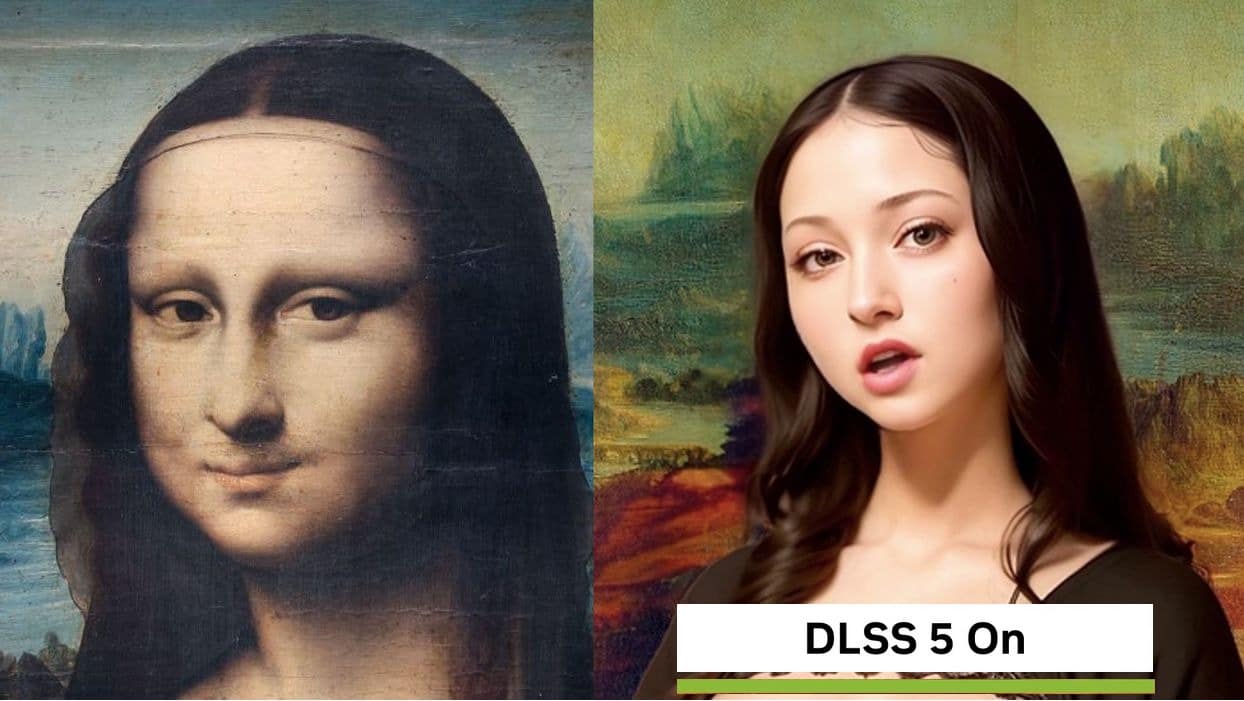 This DLSS on/off comparison takes on the Mona Lisa. The legendary Da Vinci painting is shown "Off," while the "On" version uses AI to generate a photorealistic, modern-day Instagram model version of the famous subject.