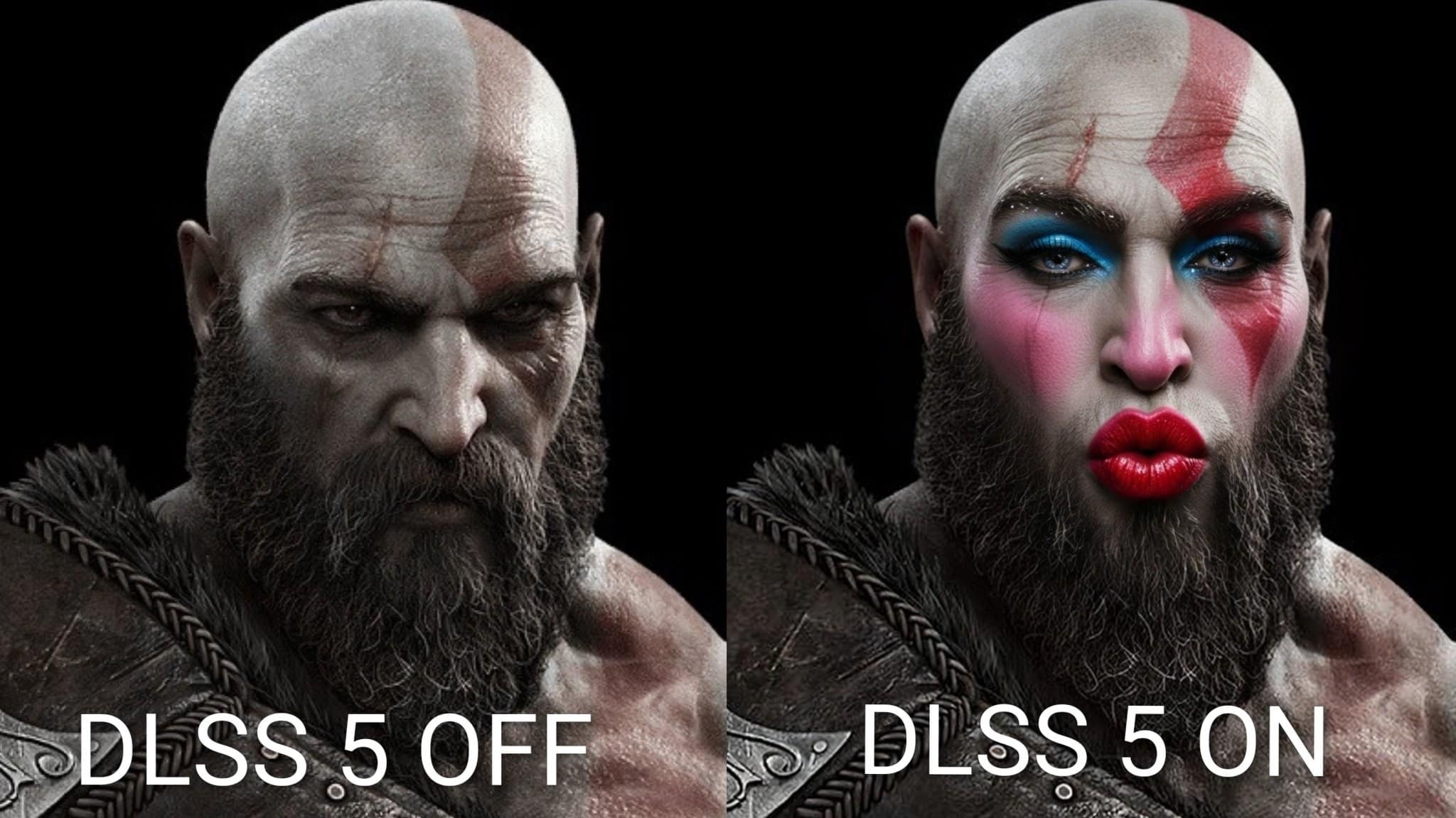 hilarious DLSS on/off comparison of Kratos from God of War. The "Off" side shows his standard rugged, bearded face, while the "On" side adds high-glam makeup, including bright blue eyeshadow, rosy cheeks, and glossy red lipstick with a "duck face" pout.