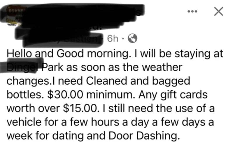 Bizarre request for bagged bottles, cash, gift cards, and a vehicle for Door Dashing.