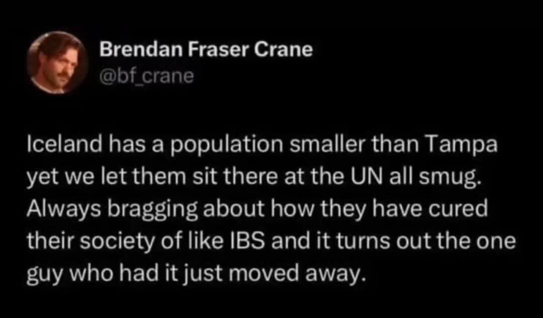 classic meme tweet from @bf_crane. It mocks the small population of Iceland, joking that they only "cured" society of IBS because the one guy who actually had the condition decided to move away.