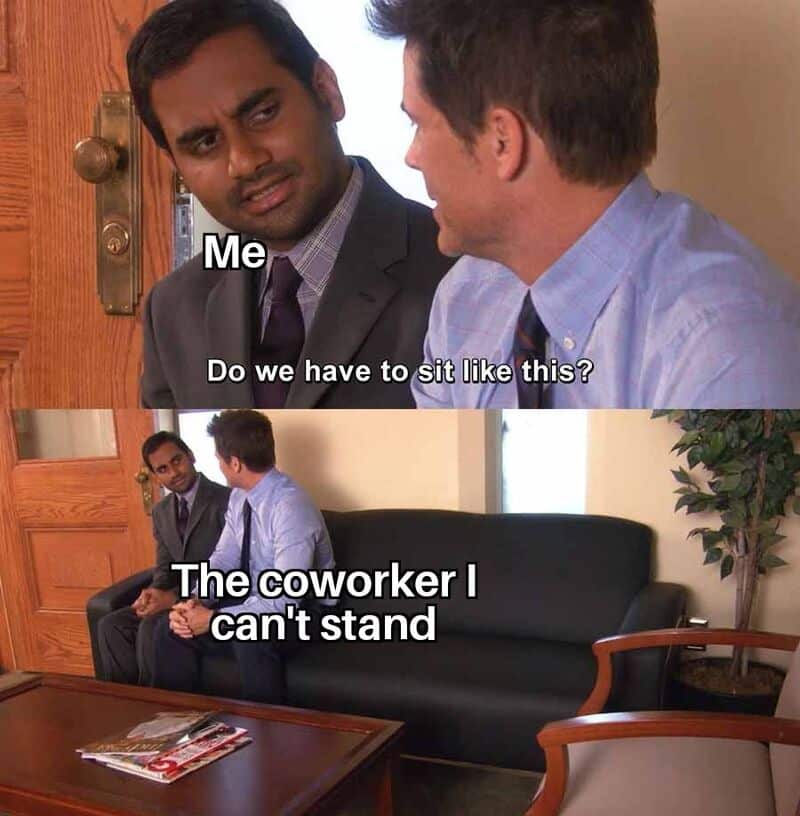 A perfectly accurate work meme featuring characters from Parks and Recreation being forced to sit uncomfortably close together on a small couch, representing the pure agony of being stuck next to the specific coworker you cannot stand.