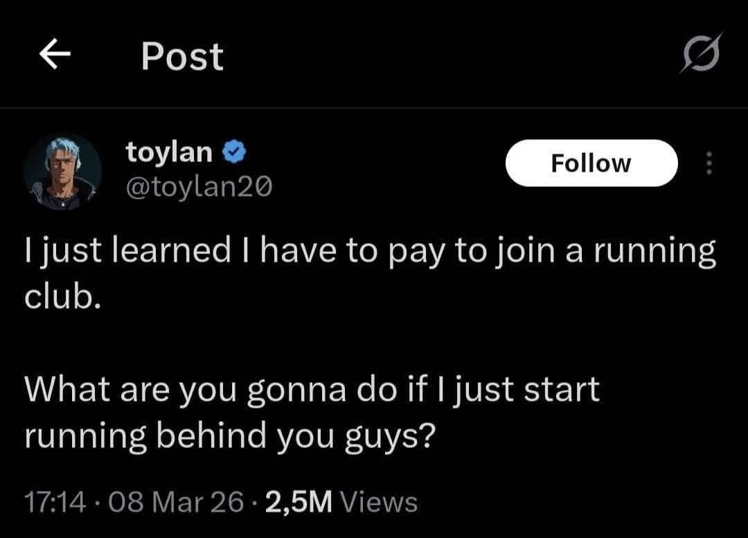 Social media post about refusing to pay for a running club and running behind them instead.