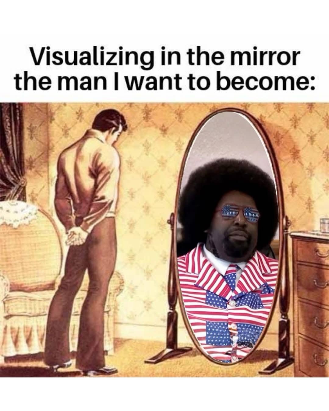 Man looking in a mirror visualizing becoming a person wearing an American flag suit.