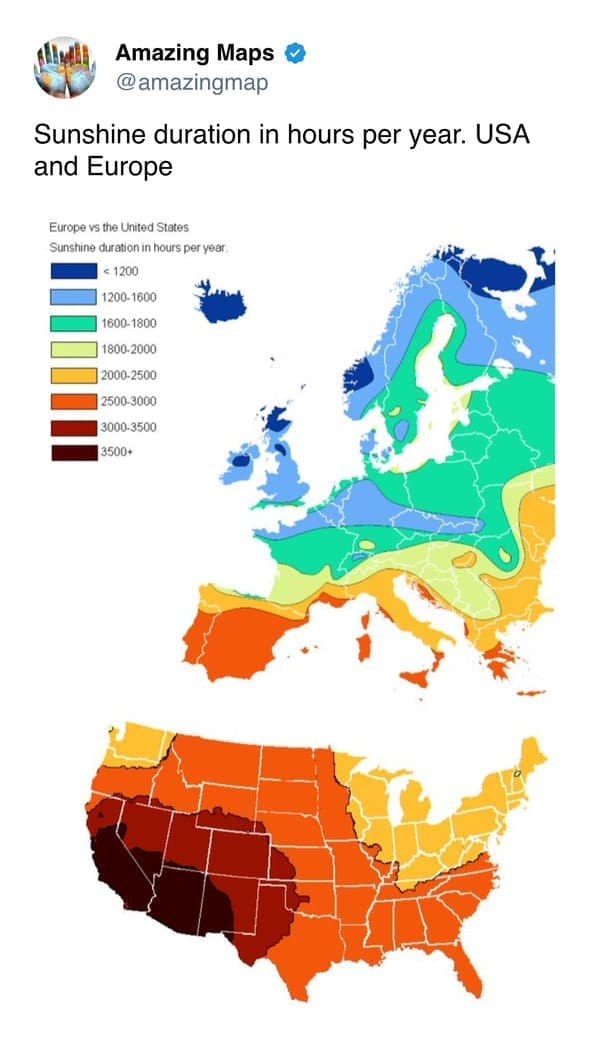 comparative climate visual showing sunshine duration in hours per year across Europe and the USA. This interesting map reveals that even the sunniest parts of Europe often receive less annual sunlight than the majority of the United States