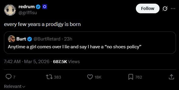 hilarious meme dump tweet highlighting an absolute prodigy of modern dating who simply claims to have a strict no shoes policy at his house anytime a girl comes over, delivering an incredibly funny meme.