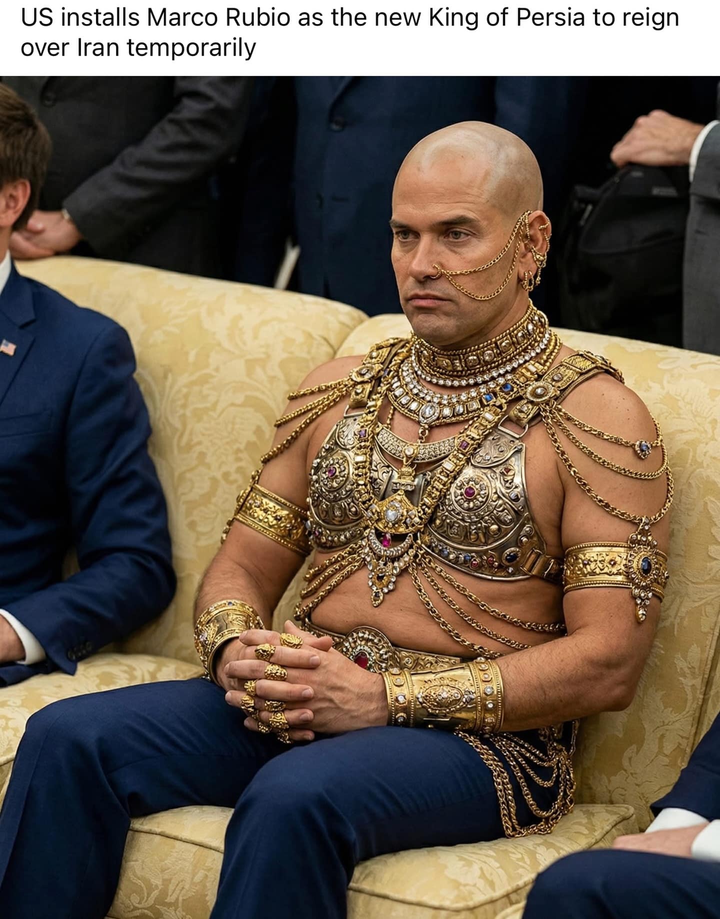 surreal, AI-generated meme dump visual depicting Marco Rubio costumed as the gold-adorned King Xerxes from the movie 300, mocking recent U.S. political appointments and foreign policy vibes.