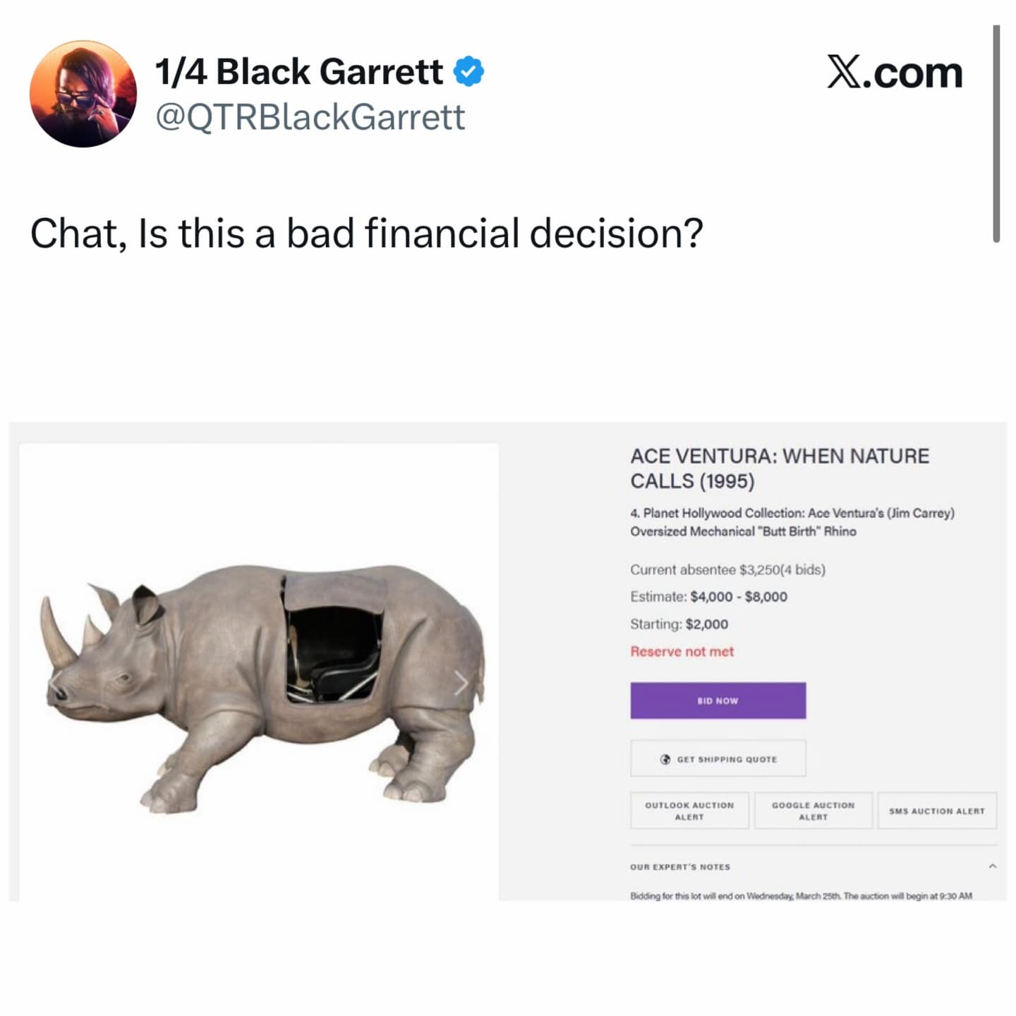 hilarious financial dilemma in this meme dump showing an online auction for the mechanical "butt birth" rhino prop used by Jim Carrey in Ace Ventura, asking if bidding is a poor life choice.