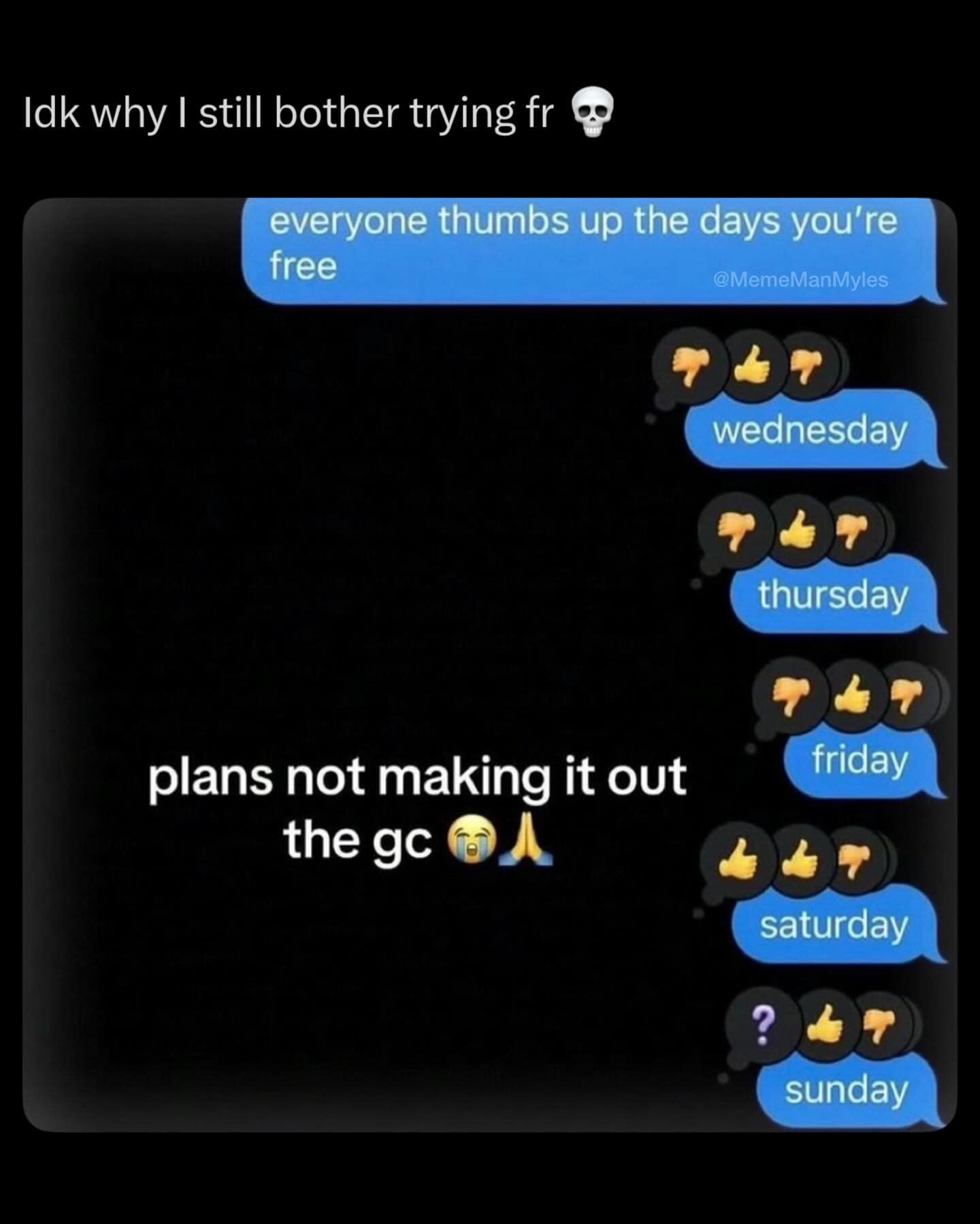 relatable meme dump image of an iMessage thread where a chaotic mix of conflicting emoji reactions ensures that the weekend plans will never actually make it out of the group chat.