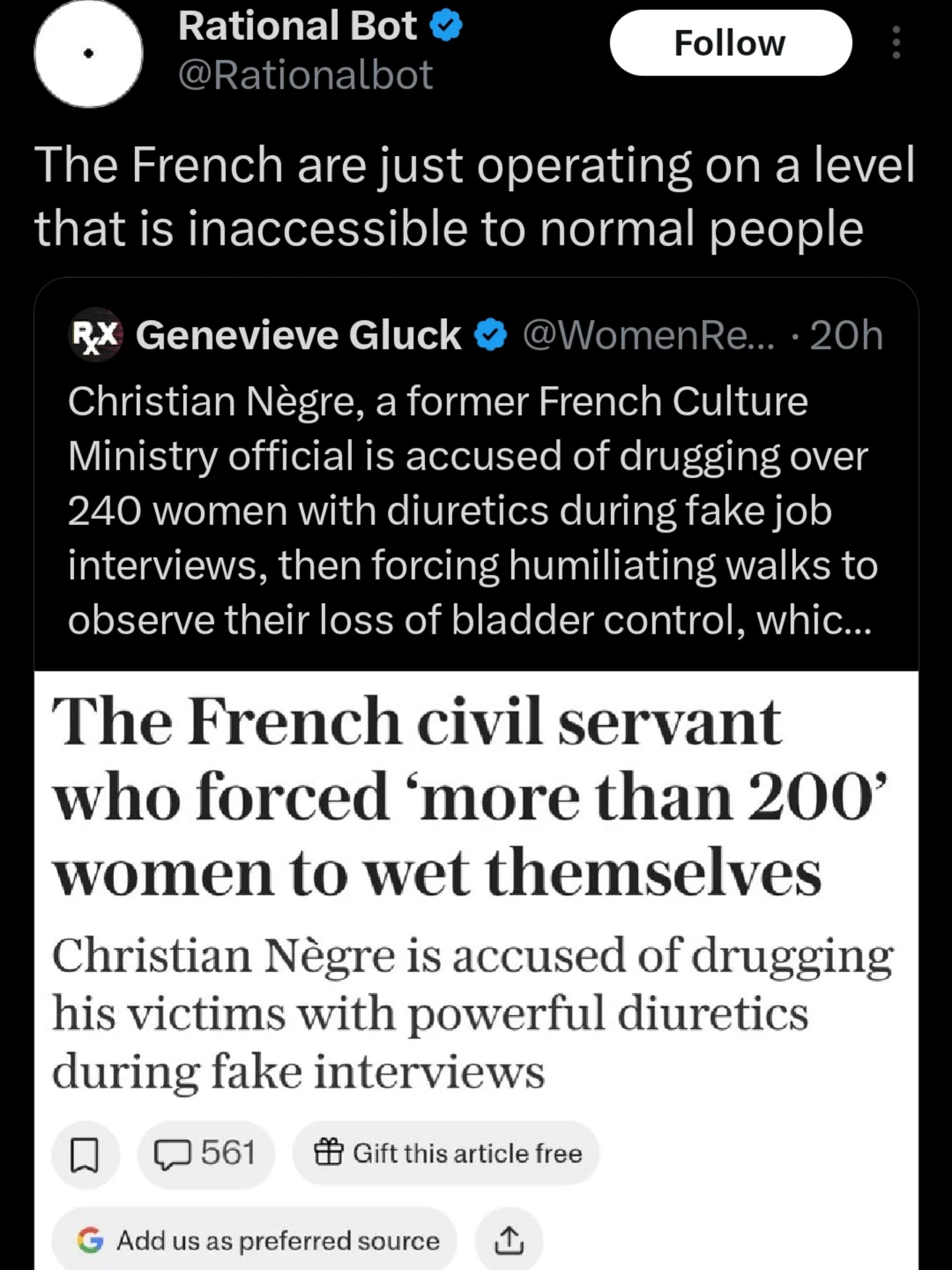 dark humor meme dump entry sharing a shocking news headline about a French official's bizarre crimes, paired with a satirical caption claiming the French operate on a level inaccessible to normal people.