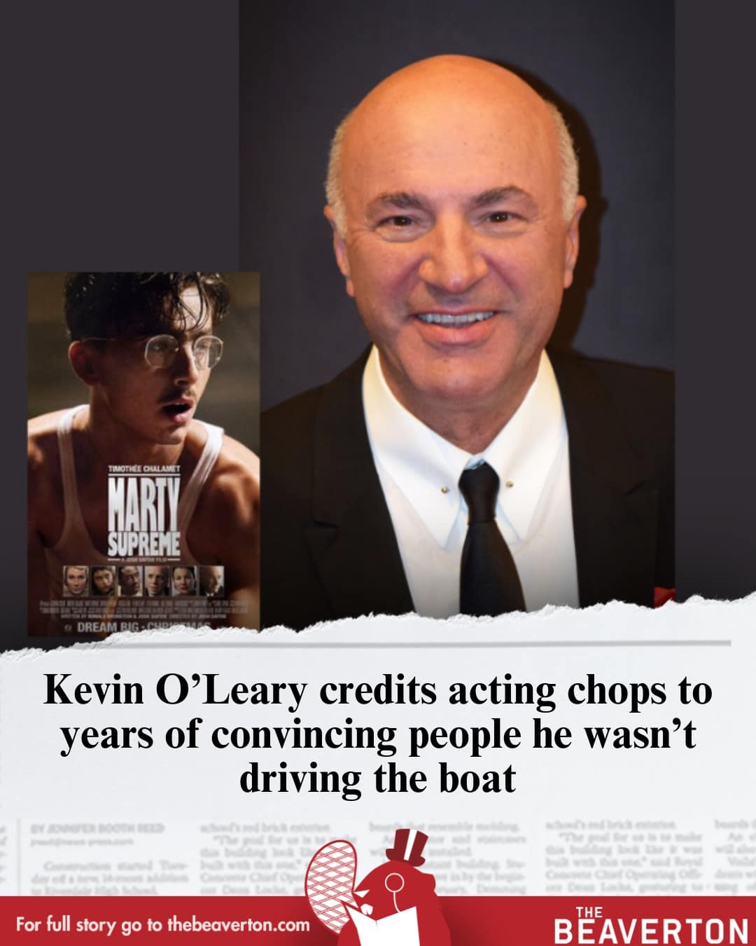 satirical news post from The Beaverton included in this meme dump, featuring Shark Tank's Kevin O'Leary with a headline jokingly crediting his acting chops to years of convincing people he wasn't driving a boat during a legal incident.