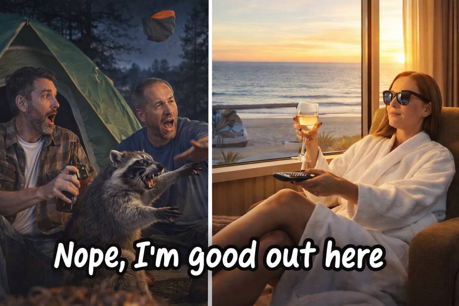 Side-by-side comparison of chaotic camping with a raccoon versus a relaxing luxury beach resort stay.