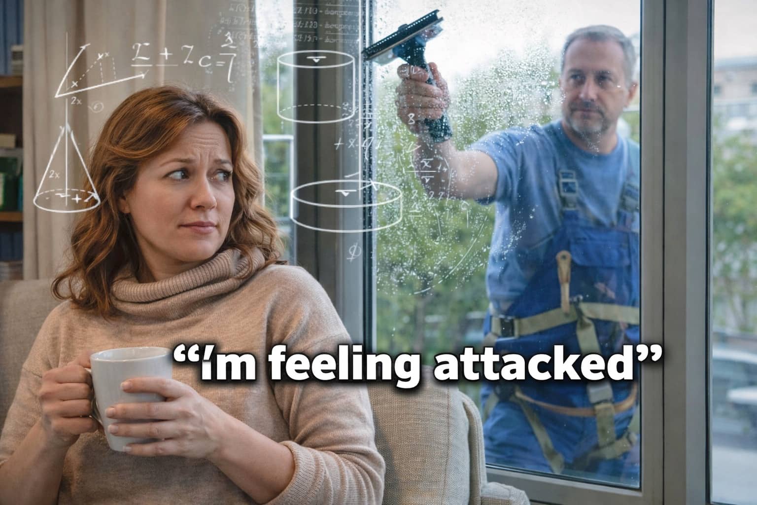 Woman holding a coffee mug looking concerned as a man cleans a window covered in math equations with text im feeling attacked.