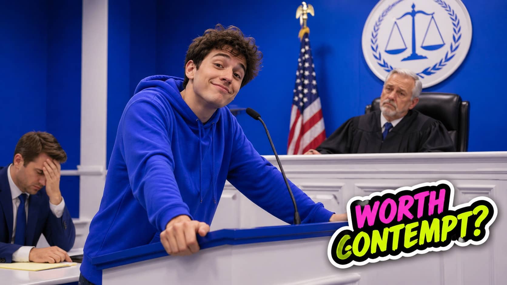 Smirking man in a blue hoodie standing at a courtroom podium for your honor jokes.
