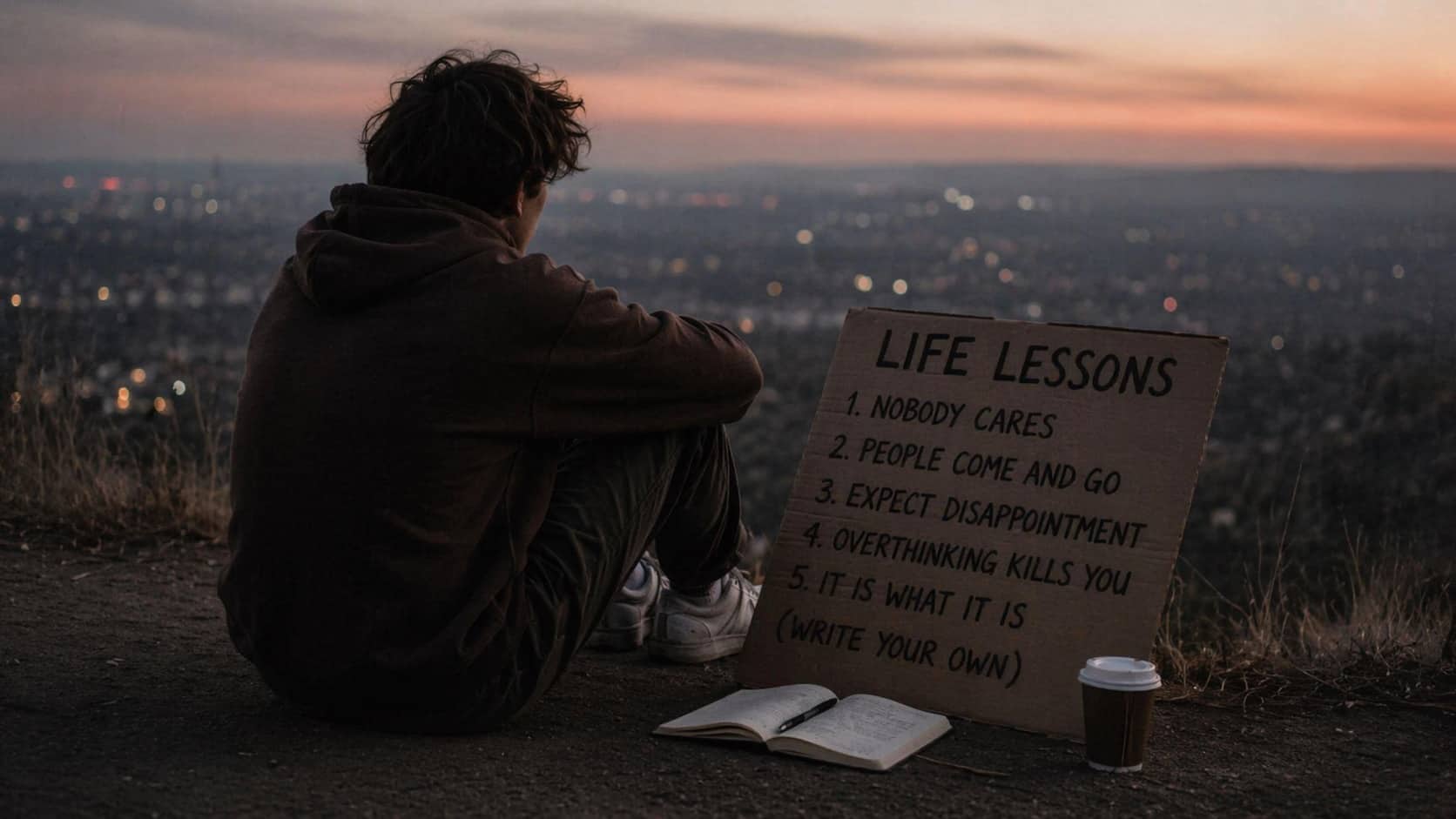 Man sitting on a hill at sunset next to a cardboard sign listing cynical life lessons.