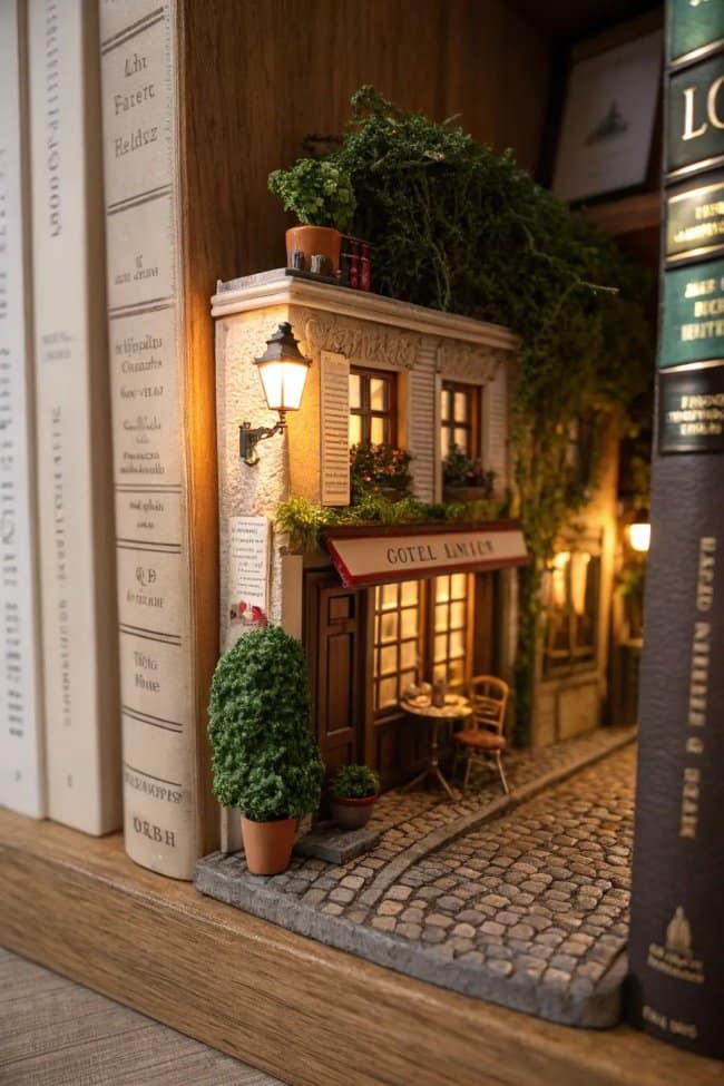 European street cafe cool bookends with a detailed cobblestone road, a glowing outdoor lantern, and a miniature bistro table set for two.
