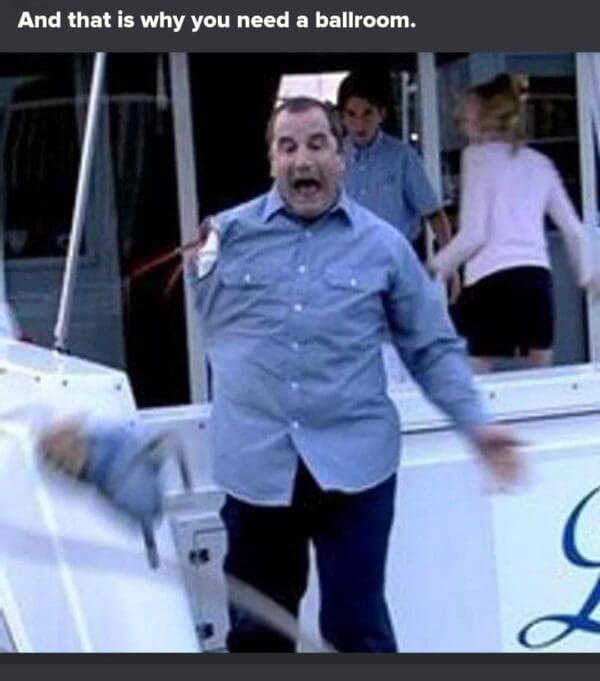 A chaotic correspondents dinner meme using a blurry still from Arrested Development featuring J. Walter Weatherman, the one-armed man. He is shown with a severed arm and red streaks resembling blood, frantically gesturing. The white text at the top reads: "And that is why you need a ballroom."