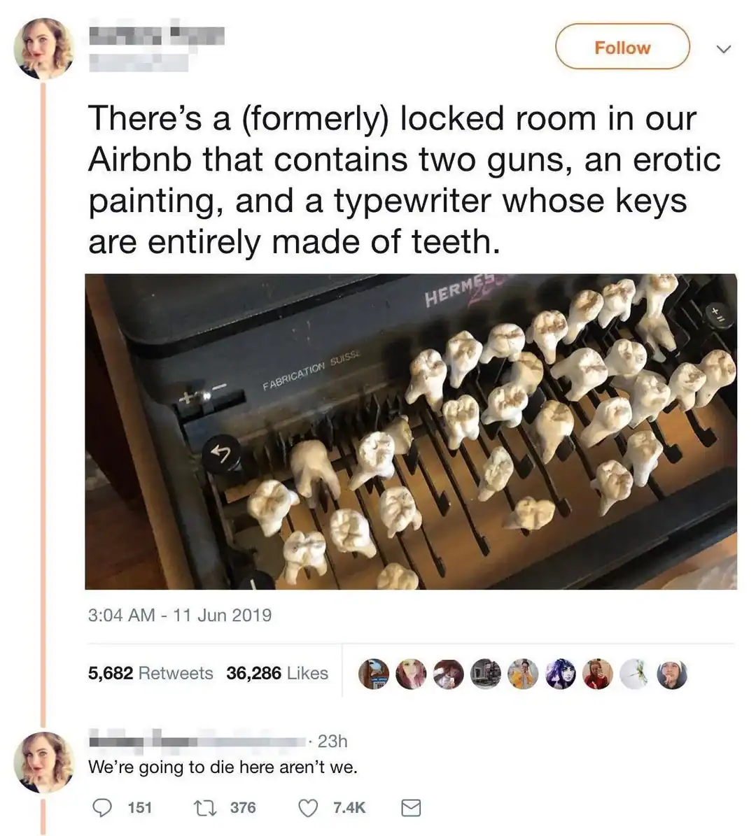 A typewriter found in a locked Airbnb room becomes a dental horror show in this cursed image. Every single key on the black Hermes machine has been replaced with a real, yellowed human molar or bicuspid, giving a literal meaning to "biting commentary."