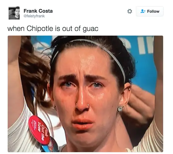 A high-drama fast food meme featuring a close-up of a woman sobbing with red-rimmed eyes and a look of pure devastation. The caption reads: "when Chipotle is out of guac."