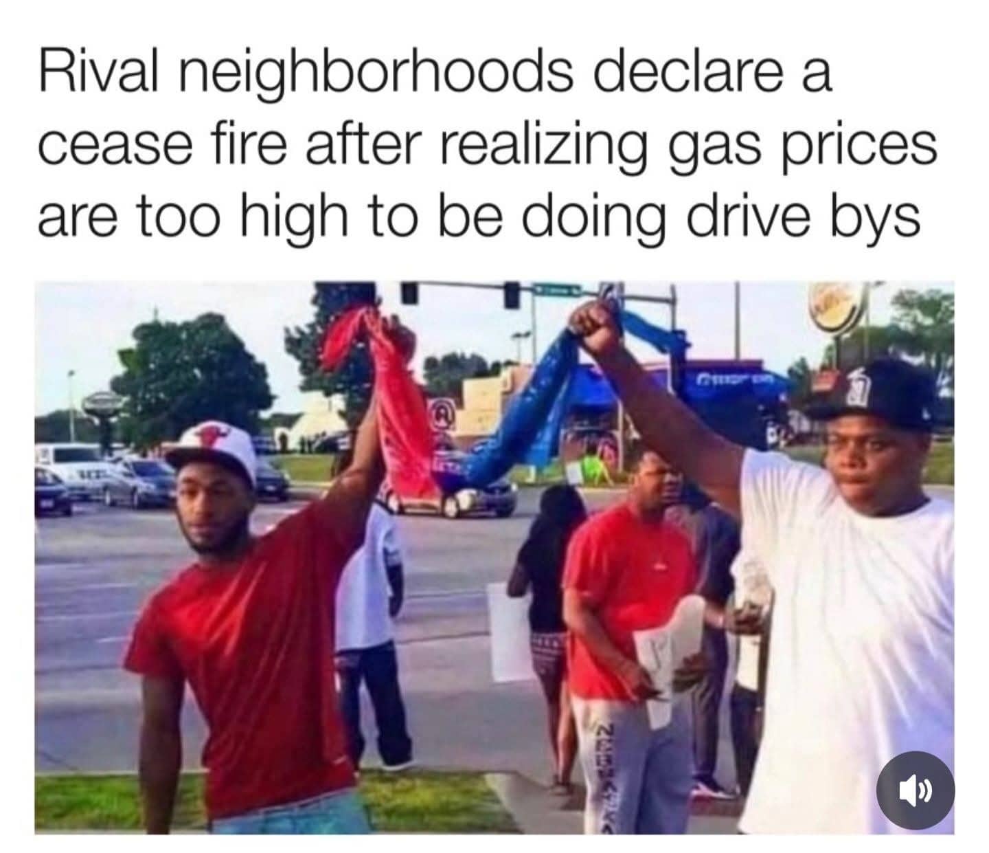 Funny memes about gas prices showing rival neighborhood members shaking hands and declaring a cease-fire.