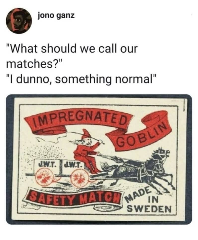 Vintage Swedish matchbox label featuring a goblin on a chariot with the bizarre name Impregnated Goblin.