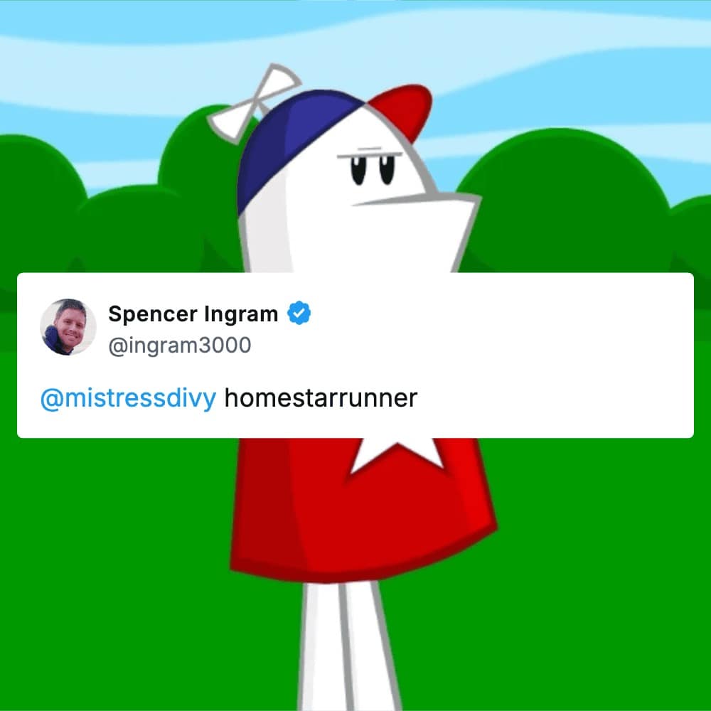 A social media post from Spencer Ingram mentioning the nostalgic website Homestar Runner, set against a background of the cartoon character Homestar Runner standing in a field.