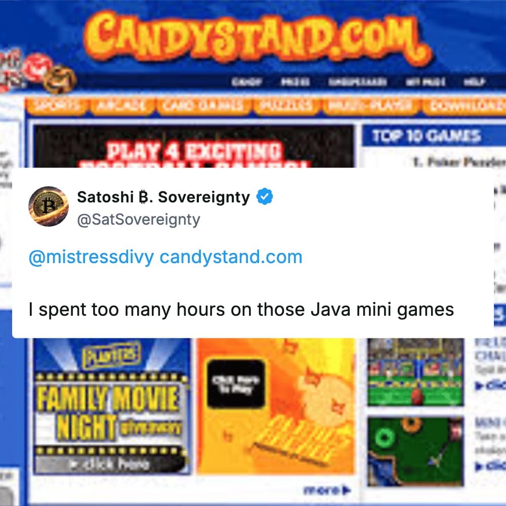 A social media post by Satoshi B. Sovereignty recalling Candystand as a nostalgic website, overlaid on a screenshot of the colorful mini-game portal.