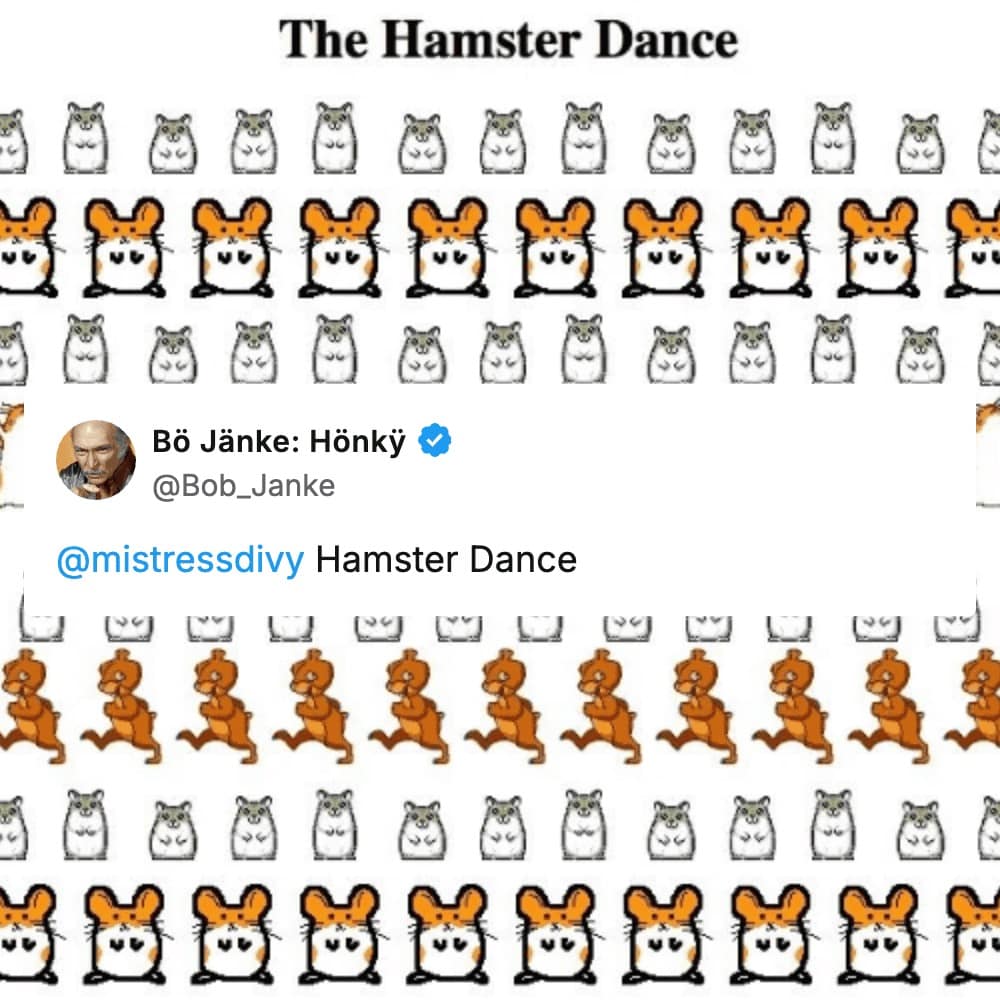 A social media post tagging mistressdivy and identifying The Hamster Dance as a nostalgic website, featuring a dense grid of the iconic animated dancing hamster sprites from the late 90s.