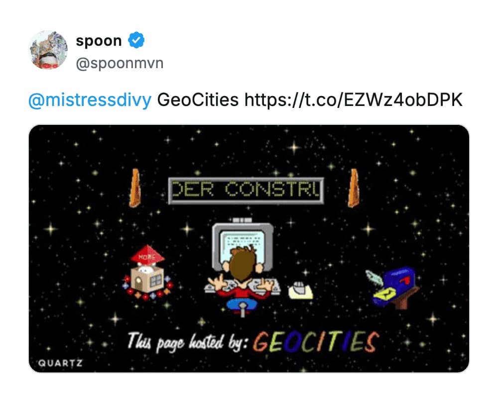 A social media post reminiscing about GeoCities as a nostalgic website, displaying a classic pixelated "Under Construction" graphic set against a scrolling starfield background with a cartoon worker at a computer.