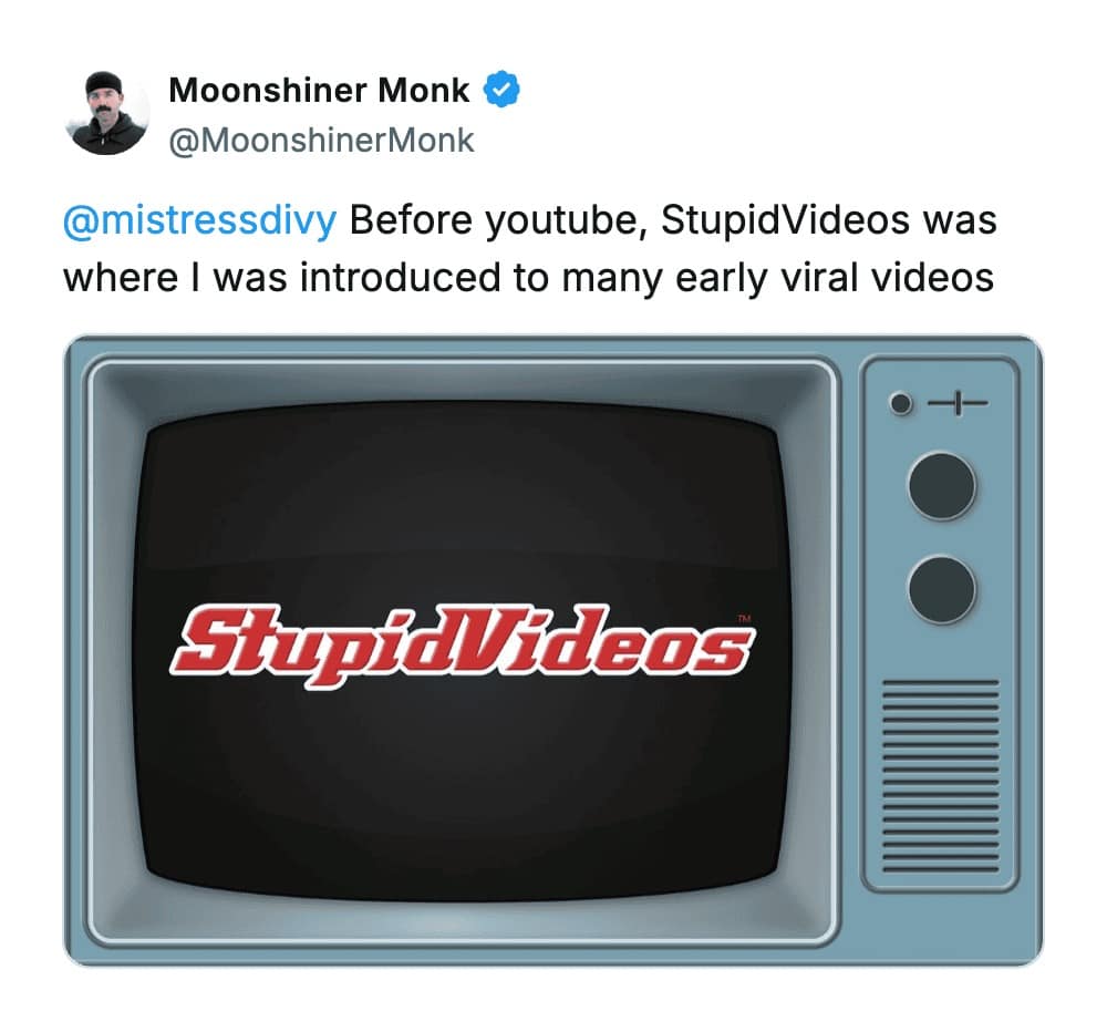 A social media post from Moonshiner Monk about StupidVideos as a nostalgic website, showcasing the red and white logo inside a blue cartoon television frame as a precursor to early viral video platforms.
