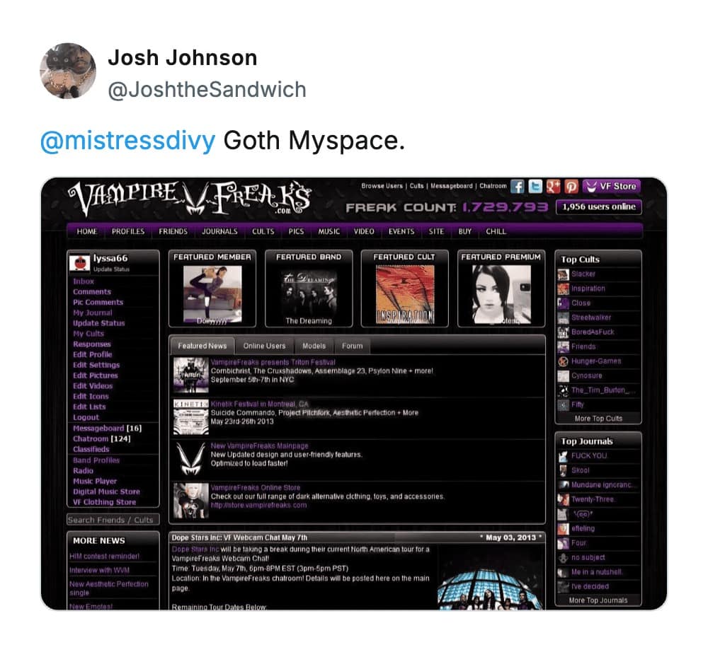 A social media post by Josh Johnson describing VampireFreaks as a nostalgic website "Goth MySpace," showing a complex dark-themed profile page with Top Cults and Featured Member sections.