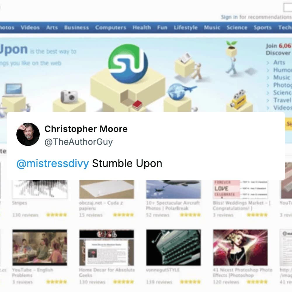 A tweet from author Christopher Moore highlighting StumbleUpon as a nostalgic website, overlaid on a screenshot of the original StumbleUpon discovery platform dashboard.