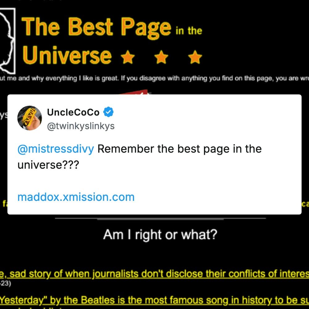 social media post from UncleCoco reminiscing about the nostalgic website "The Best Page in the Universe" by Maddox, with the site's iconic yellow-on-black header visible.