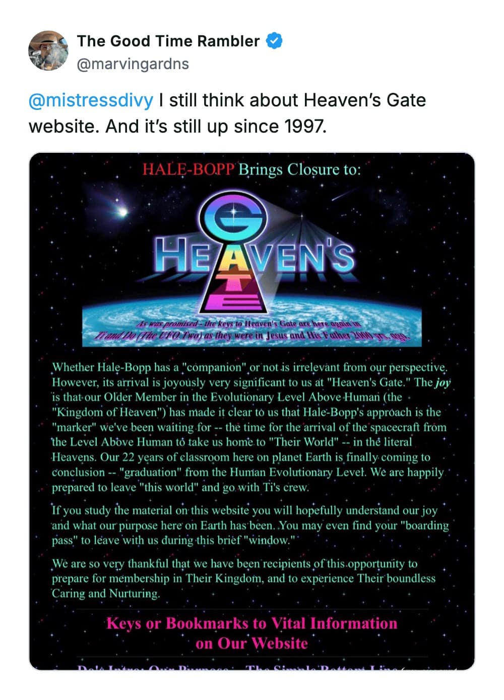 A tweet about the Heaven's Gate cult website being a nostalgic website artifact that remains online, showing the original 1997 site design with a space-themed background and text about the Hale-Bopp comet.
