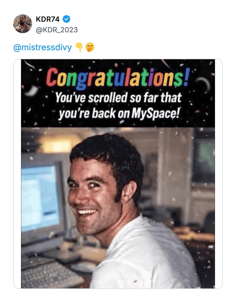 A social media post celebrating MySpace as a nostalgic website, featuring the classic profile picture of Tom, the site's co-founder, looking over his shoulder at a computer.
