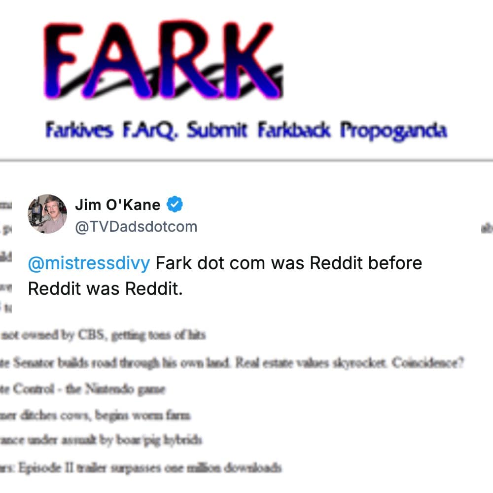 social media post by Jim O'Kane identifying Fark as a nostalgic website precursor to Reddit, displayed over the original Fark logo and news headlines.
